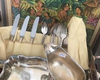 Silver Plated Flatware and Gravy dish