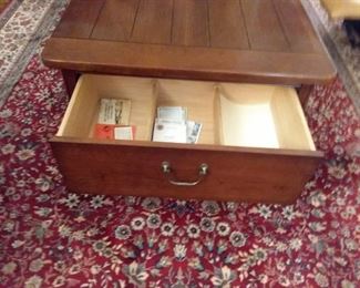 Entry table with storage and Norman Rockwell Tile art with matching Coffee table with two drawers one on each end and Norman Rockwell art!
