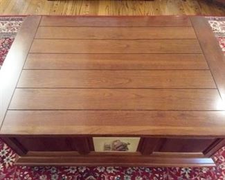 Entry table with storage and Norman Rockwell Tile art with matching Coffee table with two drawers one on each end and Norman Rockwell art!