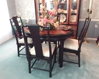 Stunning excellent condition all furniture! Beautiful Asian coffee table, buffet, dining room table with 4 chairs( this is a narrower oval table than most) China cabinet and beautiful  corner curio, vintage sofa with butterfly print and 2 wing back chairs. These two rooms were barely used.