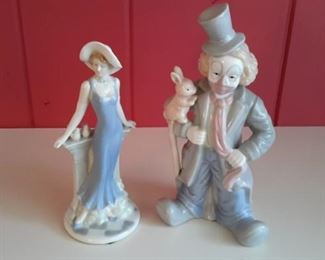 Lladro style lady with birds and clown. No chips, cracks.