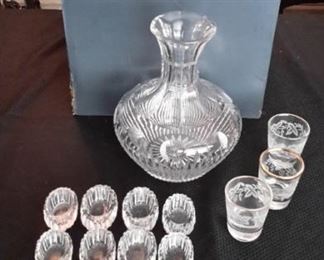 Steuben vase with box, shot glasses and salt cellars.
