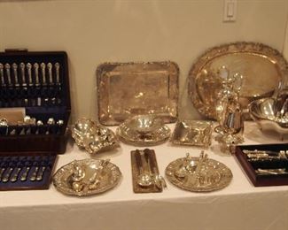 ALL MEXICAN STERLING--not one but TWO complete Sets by PESA fabulous and never used--note the LARGE Mexican Sterling trays, bowls, shakers, and more