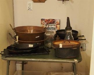 Primitives inc. Coffee Grinders, Cast Iron and Copper.  Note LOTS of MIB table linens
