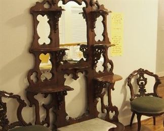 Fine Victorian Mirror w/ Display and Pr. Carved Chairs