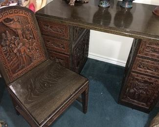 Carved Chinese desk & chair
