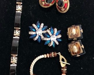 Black jade bracelet, clip earrings