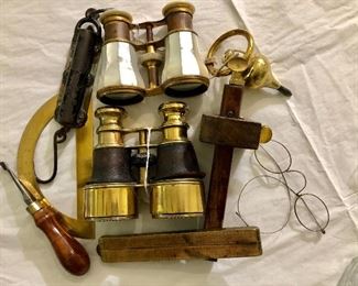 Binoculars, antique spectacles and more