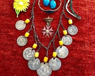 Arabic coin necklace, Mattisse copper and enamel bracelet and earrings , vintage mushroom and ladybug pin, daisy pin.