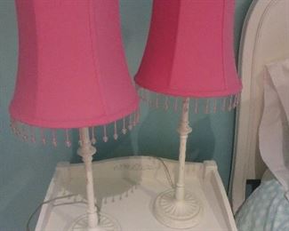 White Bedside Lamps with Red Shades
