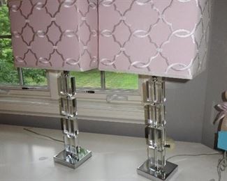 Acrylic Block Table Lamps with Custom Pink Trellis Shades
