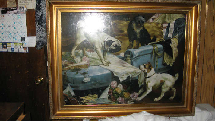DOGS HAVING FUN 110 YEAR OLD OIL PAINTING