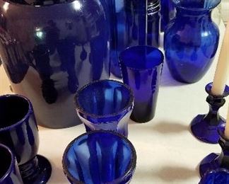 LOTS of blue glassware, including beverage dispenser, goblets, vases