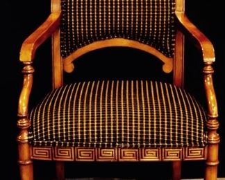 HEATHER BROOKE FURNITURE.  WAKEFOREST UNIVERSITY COLORS.  NAVY AND GOLD CHECKERED ARM CHAIR