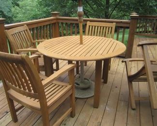 TEAK TABLE AND CHAIRS WITH UMBRELLA