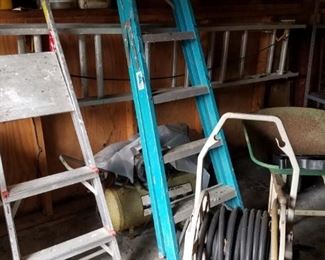 Air Compressor, Ladders, Wheelbarrow