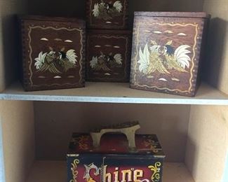 Vtg Wood Canisters  Shoeshine Kit