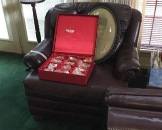 Leather chair & matching ottoman, Christmas decorations in box, Bubble picture frame