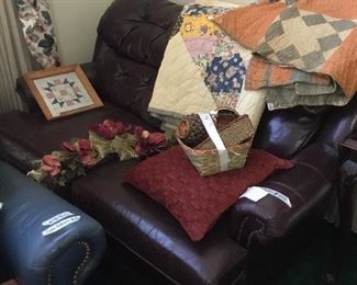 Leather love seat - Hand sewn quilts