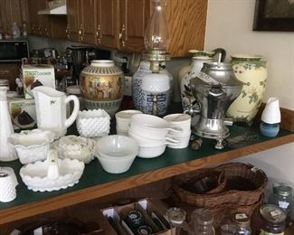 Decorative jars, milk glass pieces, lamp