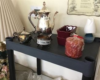 Silver plate tea set, candles, jars