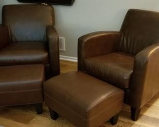 Leather Arm Chairs and Ottomans