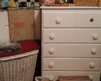 Six drawer chest, wicker hamper, quilt top, LP's, and 45 rpm's