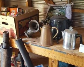 Shop vac, copper and graniteware coffee pots