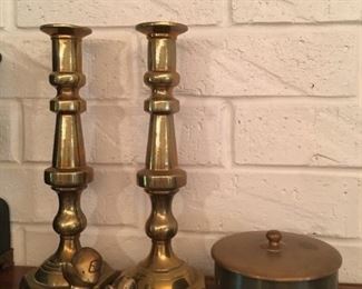 Brass candlestick holders, brass ducks