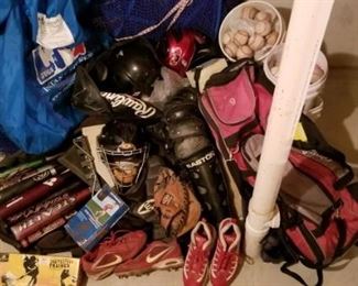 Boy's baseball gear: bats, balls, helmets, cleats, 2 batting nets, full catcher's gear, training equipment.