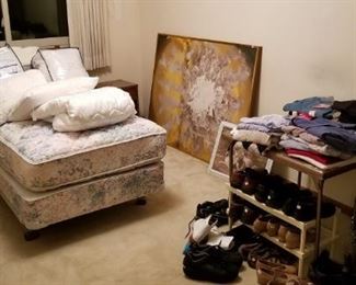 Oreck vacuum, complete twin bed, nightstand, painting clothing and shoes...