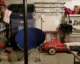 7' tall Christmas tree, chair, vintage plastic toy pedal car, computer equipment, commercial coat/hat rack, ceramic animals, chair cushions, bags...