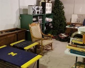 Reproduction/vintage phonograph, rocking chair, vintage board games, 2 stereo systems, more green shelves, 6' pre-lit Christmas tree, very nice dollhouse with accessories...