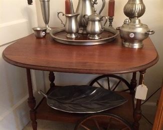 Tea cart and pewter items