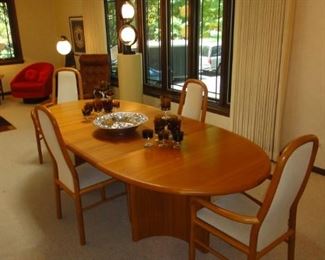 Teak Danish Modern, Dining Table w/ 6 chairs, Scandinavia Design, Boltlinge Furniture , pictured with leaf