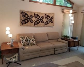 Barcalounger Sofa, Triple Recliner, Matching Walnut Mid-century end tables, Wall rug 