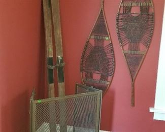 Fireplace screen , Antique Snow shoes, Antique skis 