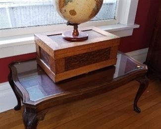 Coffee table, wood box, world globe 