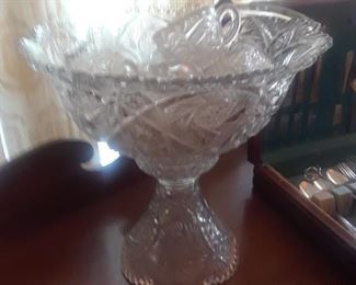 Early American Pressed Glass punch bowl, cups and ladle