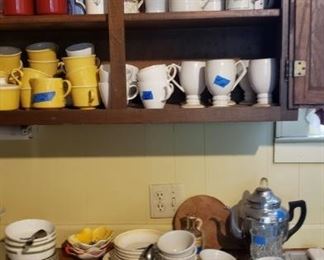 Mugs, coffee pot, plate holders