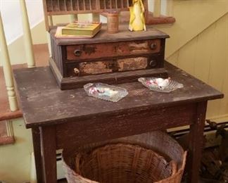 Farm work table, type tray, two-drawer thread cabinet, baskets, etc