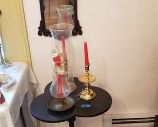 Table, candlesticks, Henkel-Harris batwing mirror