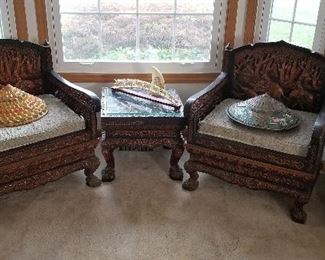1960s Thai Hand Carved Teak Chairs & End Table