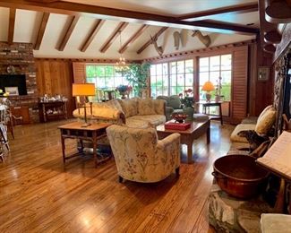 Antique English Rattan Table with Leather Top; Hand Crafted Cocktail Table; Botanical Tapestry Upholstered Seating; Handmade Low Table