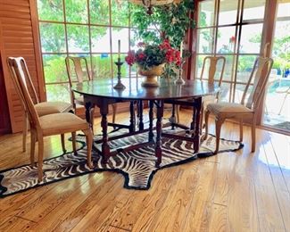 Antique English Oak  Double Gateleg Dining Table, Circa 1860 ; 66" Diameter;  6 Newer Oak Chairs