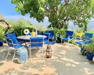 Outdoor Wrought Iron Table and Chairs; Blue and White  Garden Seat