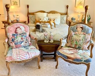 Designer "Jack Lawrence" French Provincial Style Chairs,  Custom Hand Painted by "Susan Draculitch." For Poster Bed by "Jean of Topanga."  