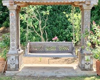 Antique Carved Post and Lintel , 84" X 102", with Swing,, 27" X 63", From Tibet (Brass Inlay and Chains)...Some Age Damage