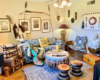 A Superb Adventure Room: Edward S. Curtis Photogravures;  Masai Spears; Framed African Beading; 30" Diameter Drum/Table, First Class Luggage, More!