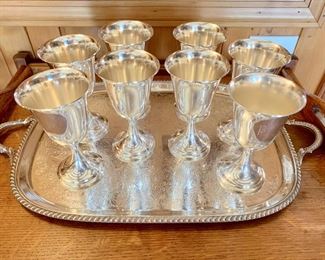 Sterling Goblets, Handled Tray in Silver on Copper